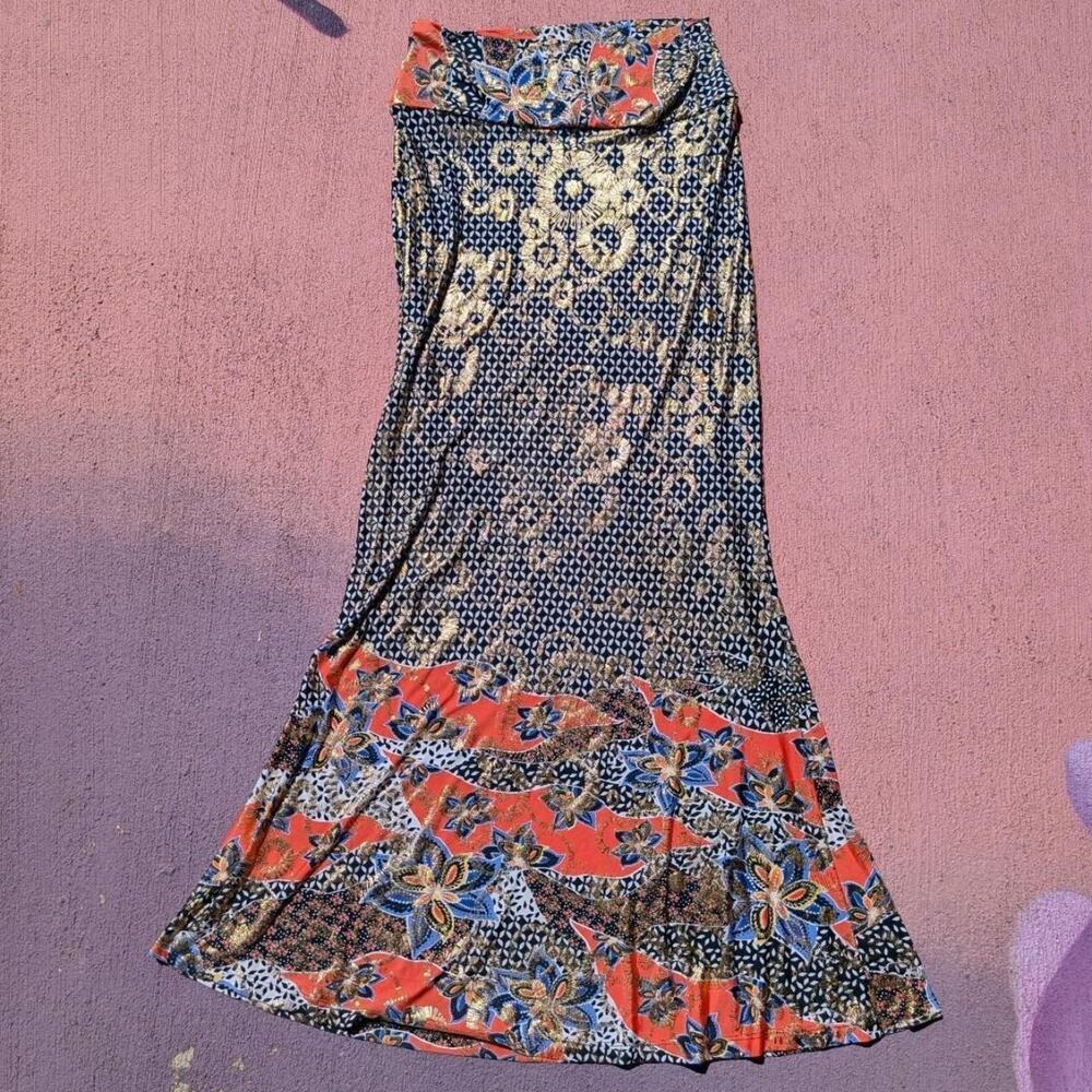 Venus Whimsigoth Gold Metallic Foil Floral Mixed Print Silky Boho Maxi Skirt